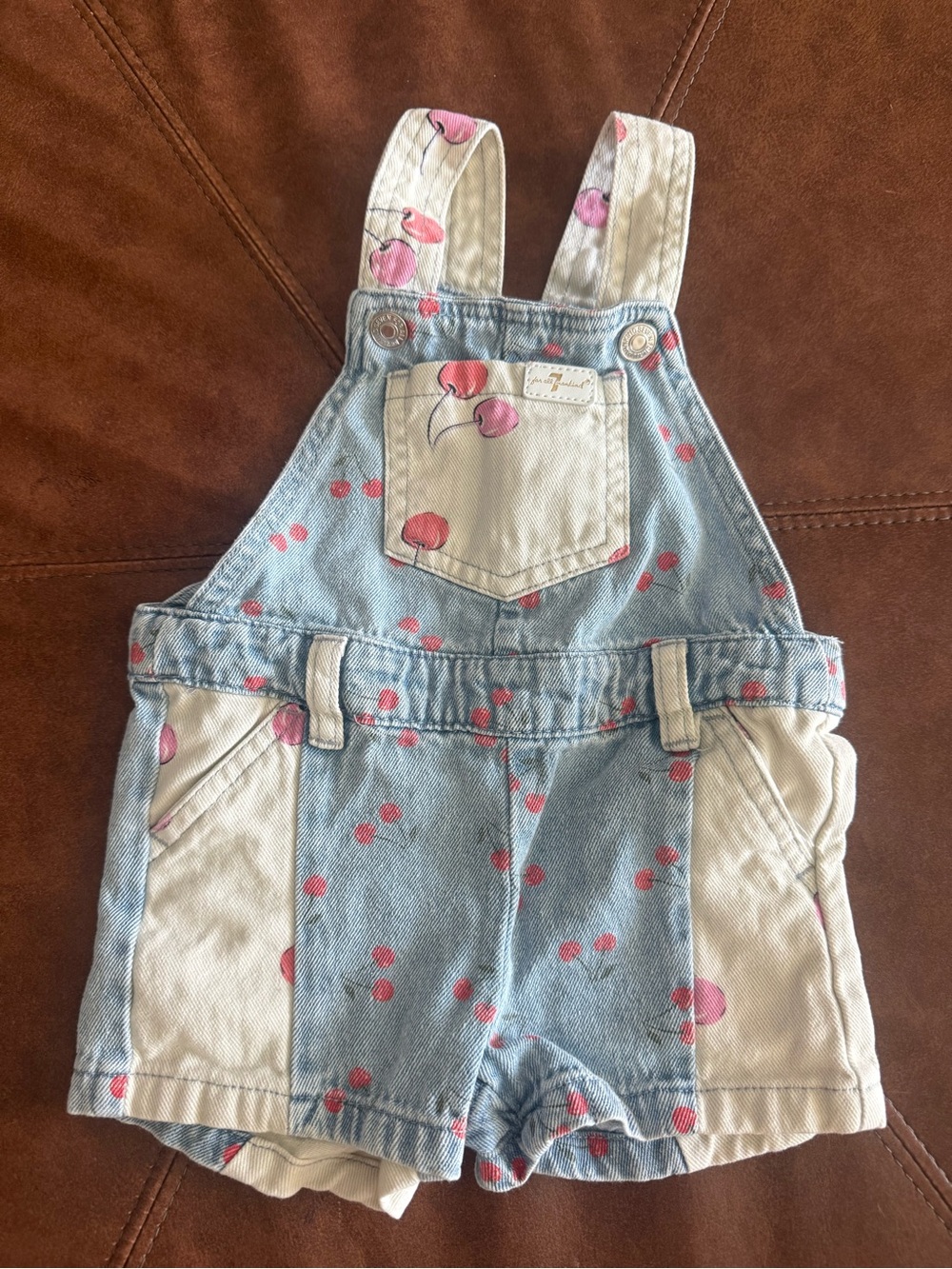 Pink Cherry Print Denim Overalls - Kids
